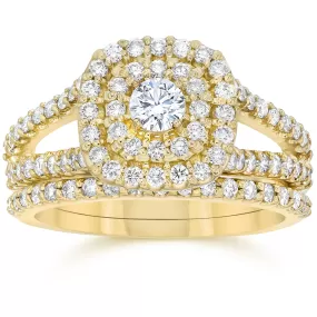 1 1/10CT Cushion Halo Diamond Engagement Wedding Ring Set 10K Yellow Gold