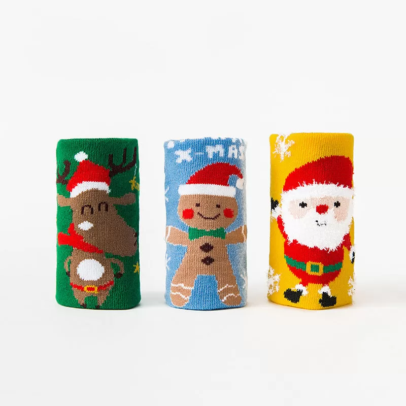 3PCS Kids Cotton Cartoon Christmas Print Medium Tube Socks