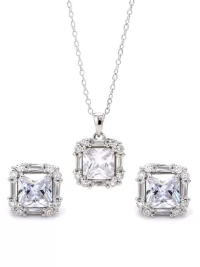 925 Silver American Diamond Square Pendant And Earrings