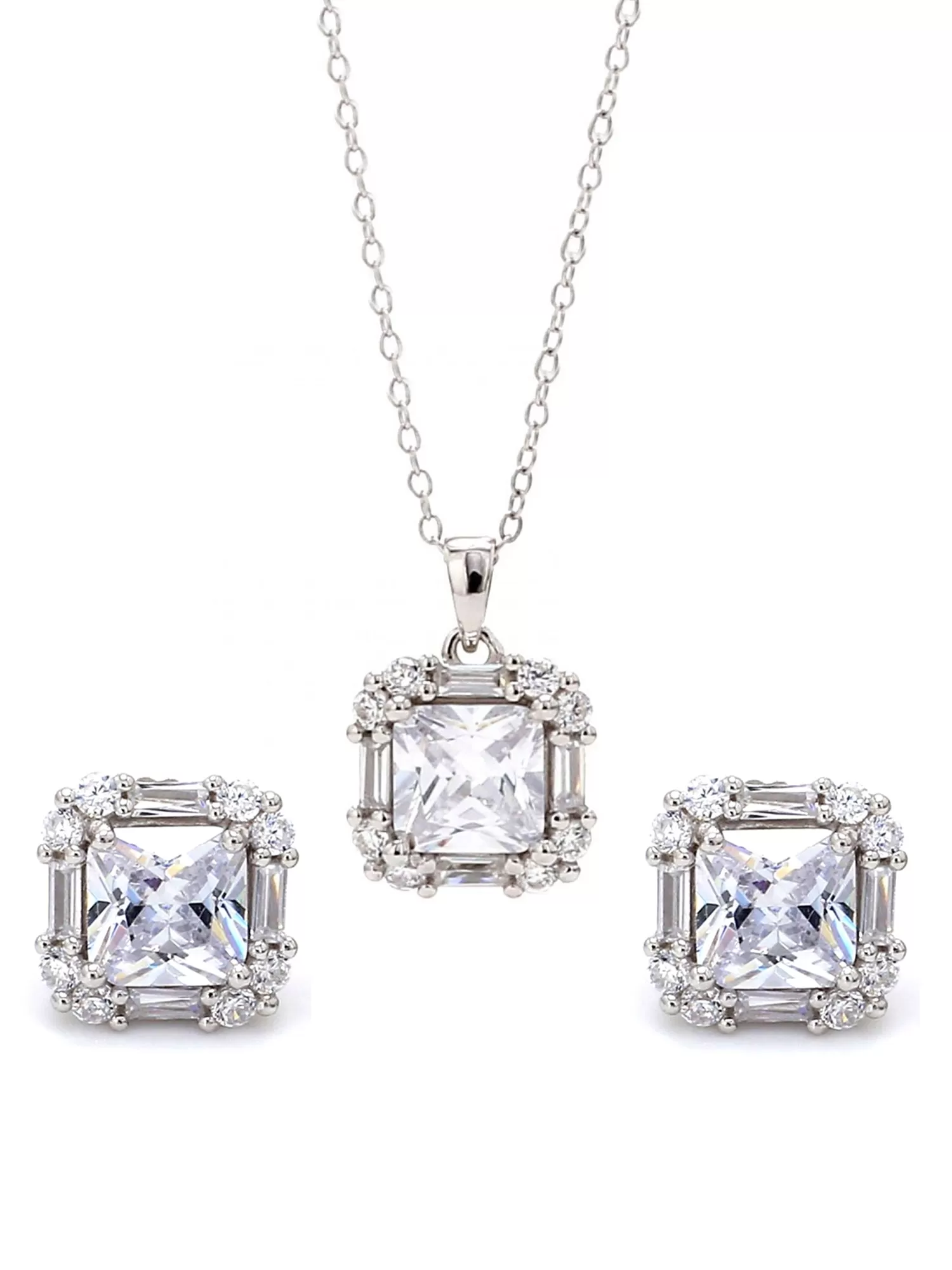 925 Silver American Diamond Square Pendant And Earrings