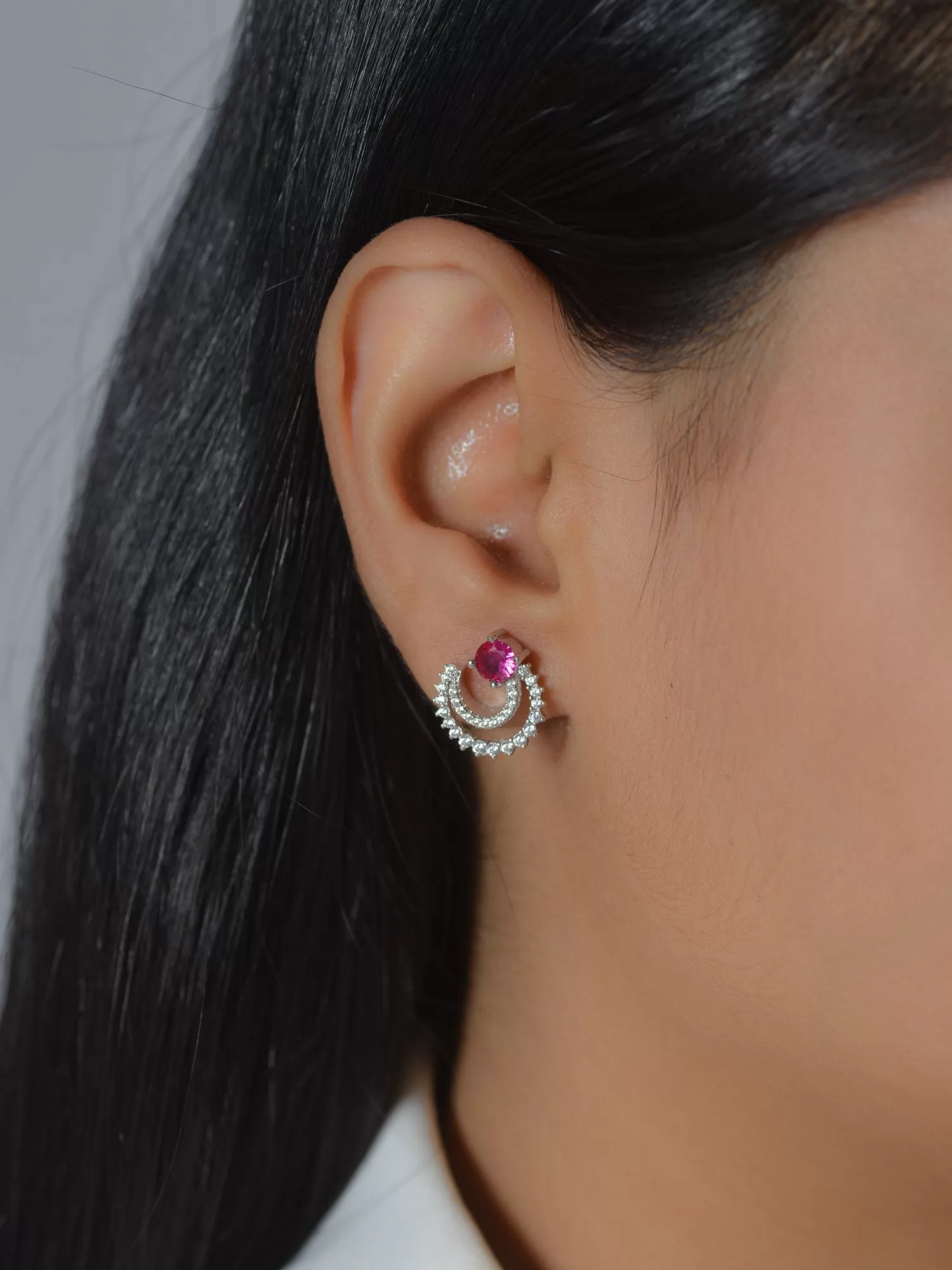 925 Silver Created Ruby Half Moon Studs