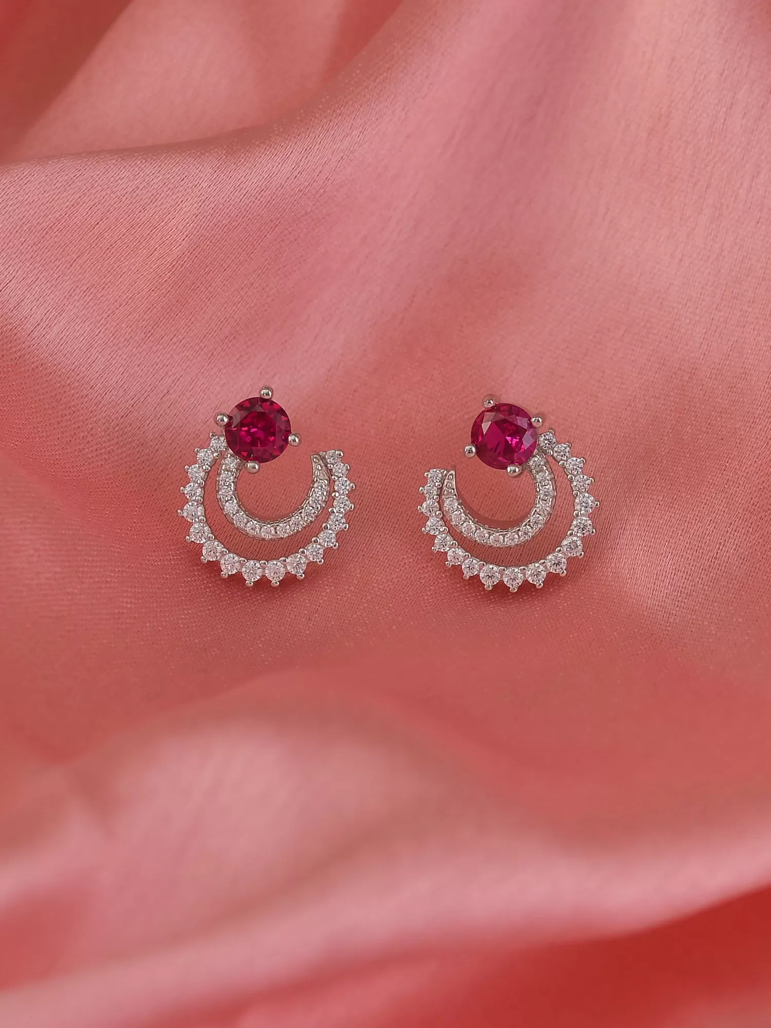 925 Silver Created Ruby Half Moon Studs