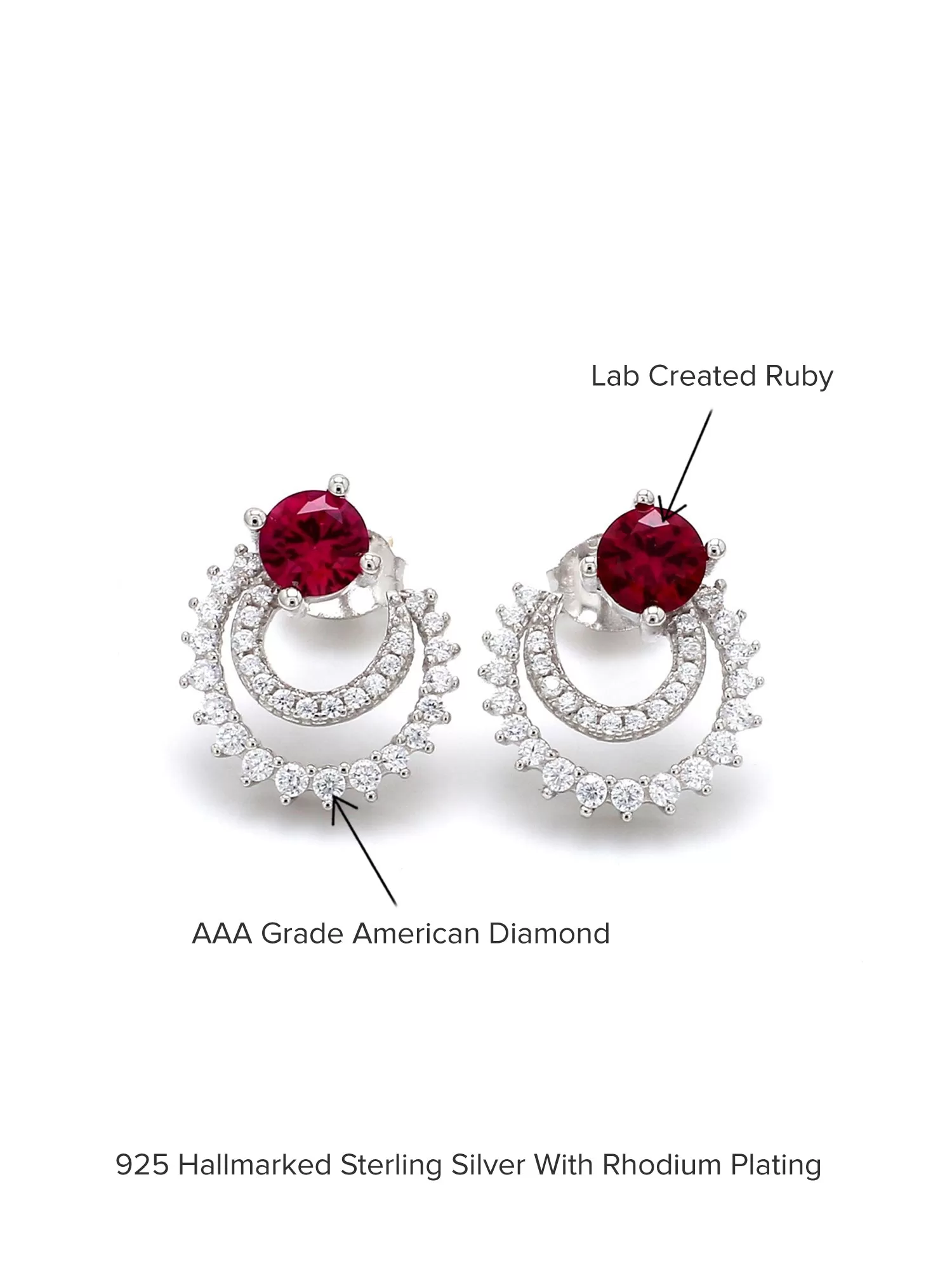 925 Silver Created Ruby Half Moon Studs