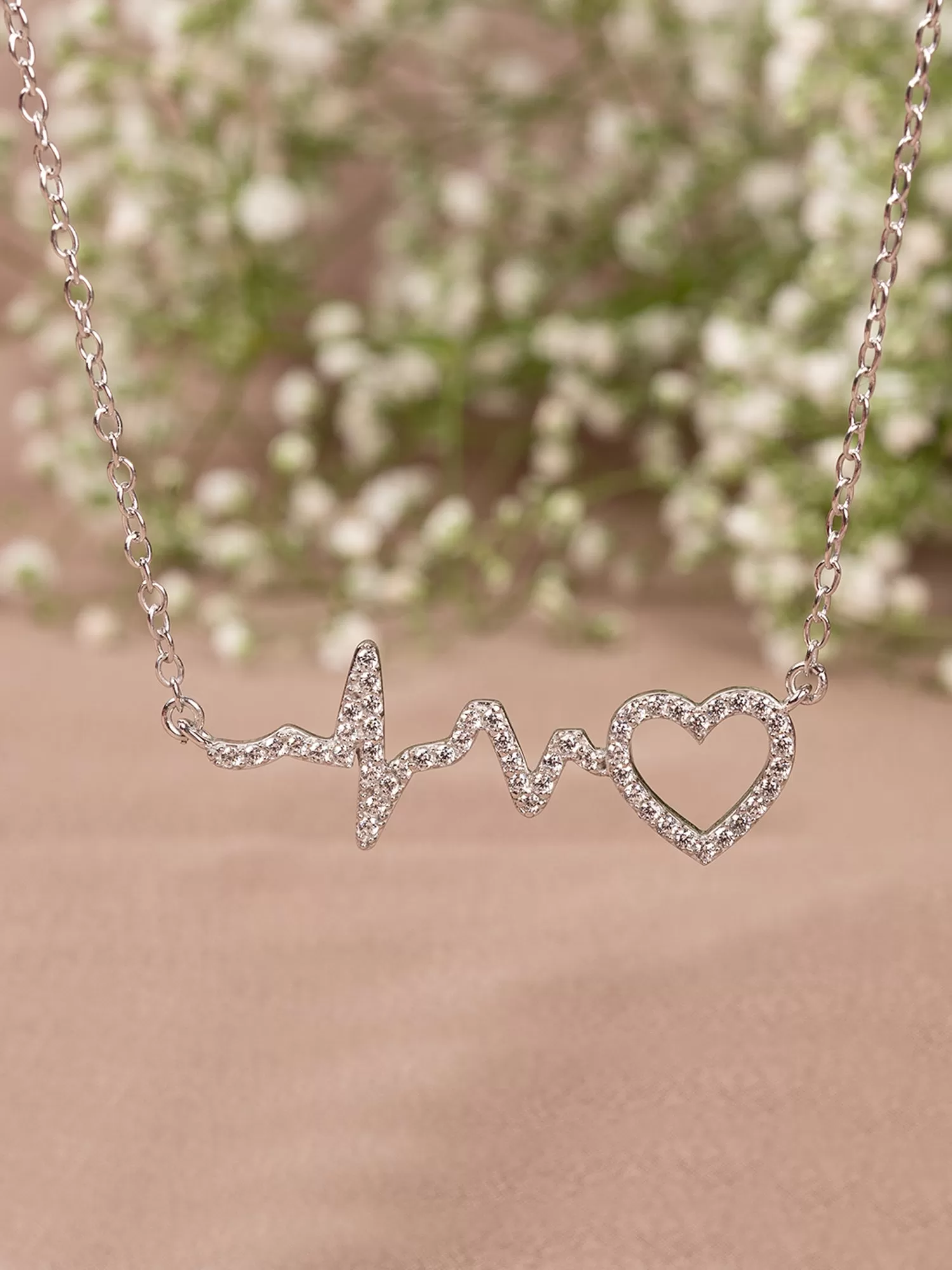 925 Sterling Silver American Diamond Heart Beat Necklace For Women