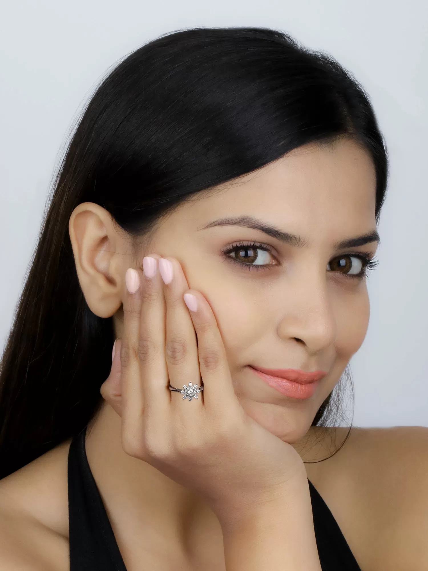 American Diamond Flower Ring In 925 Silver