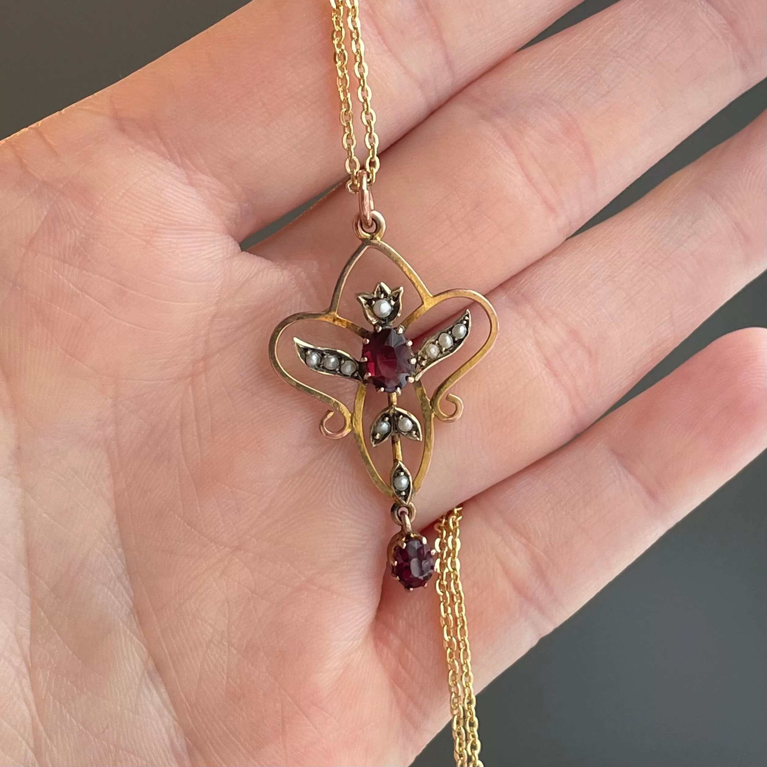 Antique Edwardian Garnet Seed Pearl Pendant Necklace