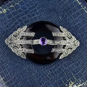 Art Deco Silver Onyx Amethyst Marcasite Brooch