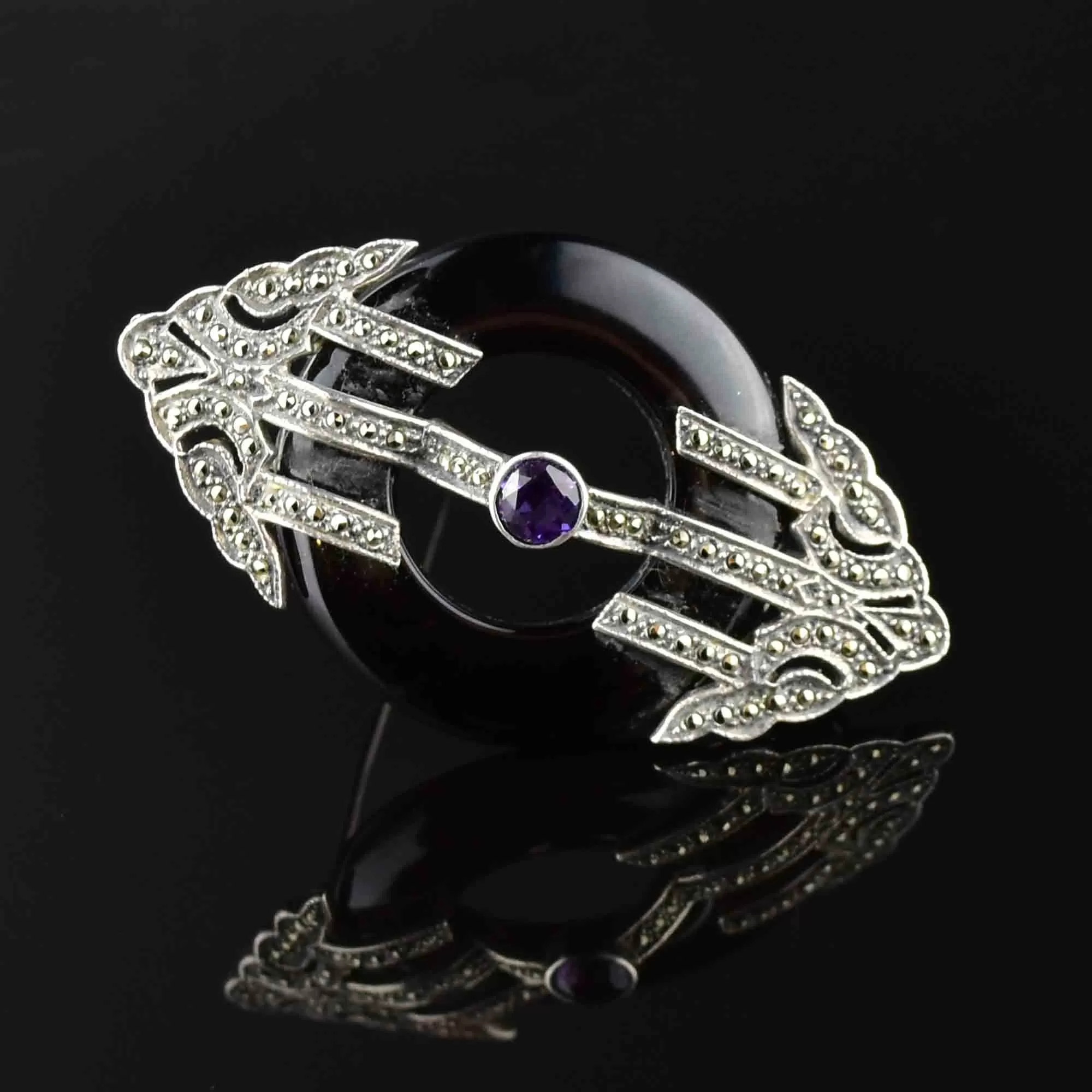 Art Deco Silver Onyx Amethyst Marcasite Brooch