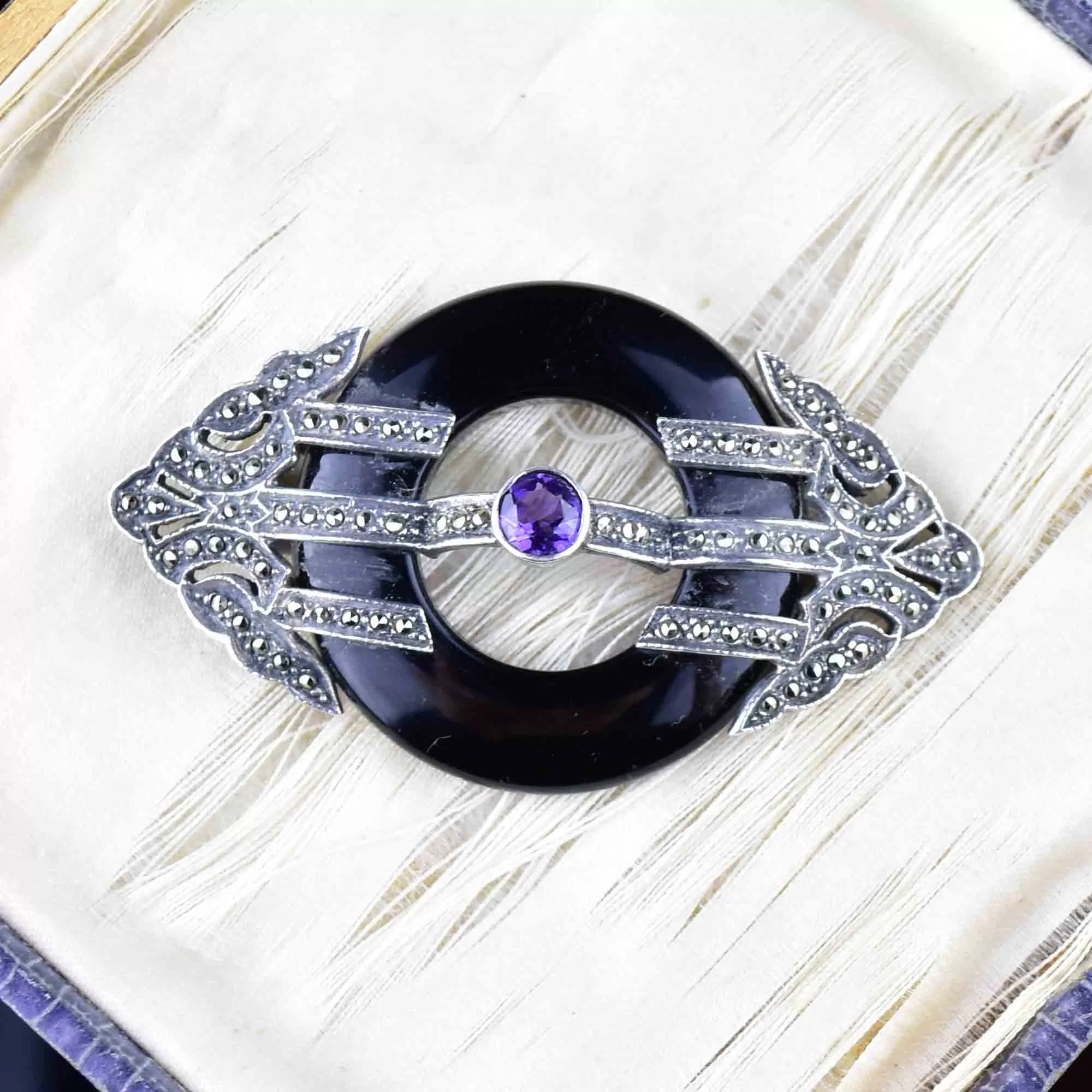 Art Deco Silver Onyx Amethyst Marcasite Brooch