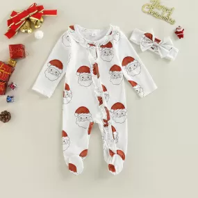 Baby Boys Girls Solid Color Cartoon Santa Claus Print Package Foot Onesie