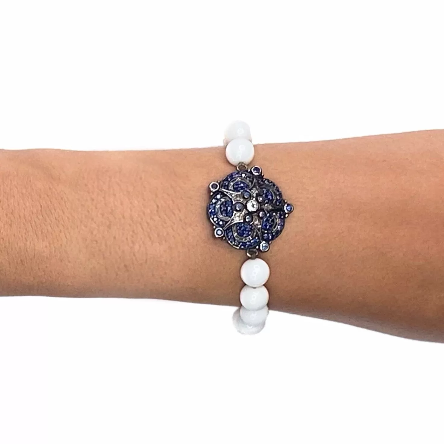 Beaded Bracelet with Sterling Silver, Silver Glitter Enamel, Blue Sapphires, Blue Topaz & White Agate