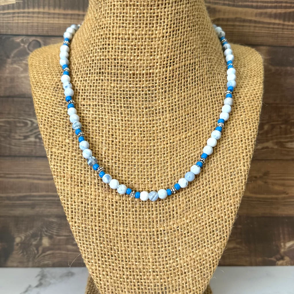 Blue and White Agate Beads with Blue Toho and Silver Beaded Mens Necklace