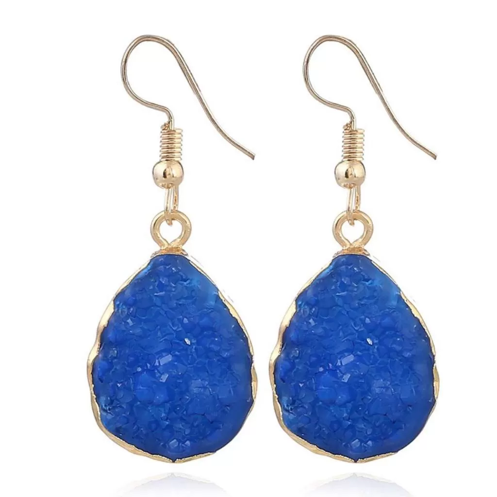 Blue Druzy Teardrop Dangle Earrings