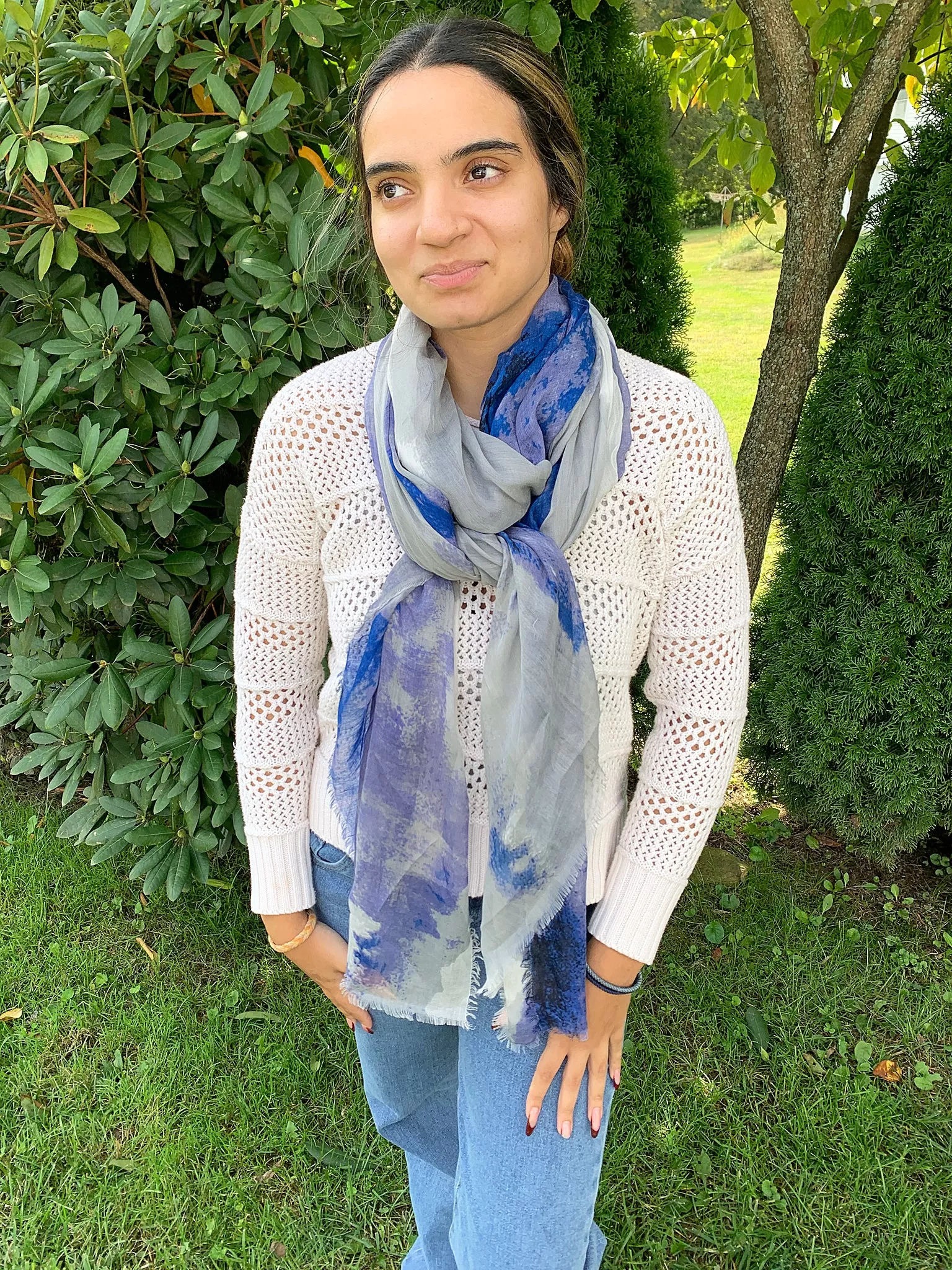 Blue Pacific Cashmere and Silk Watercolor Scarf in Denim Blue and Silver