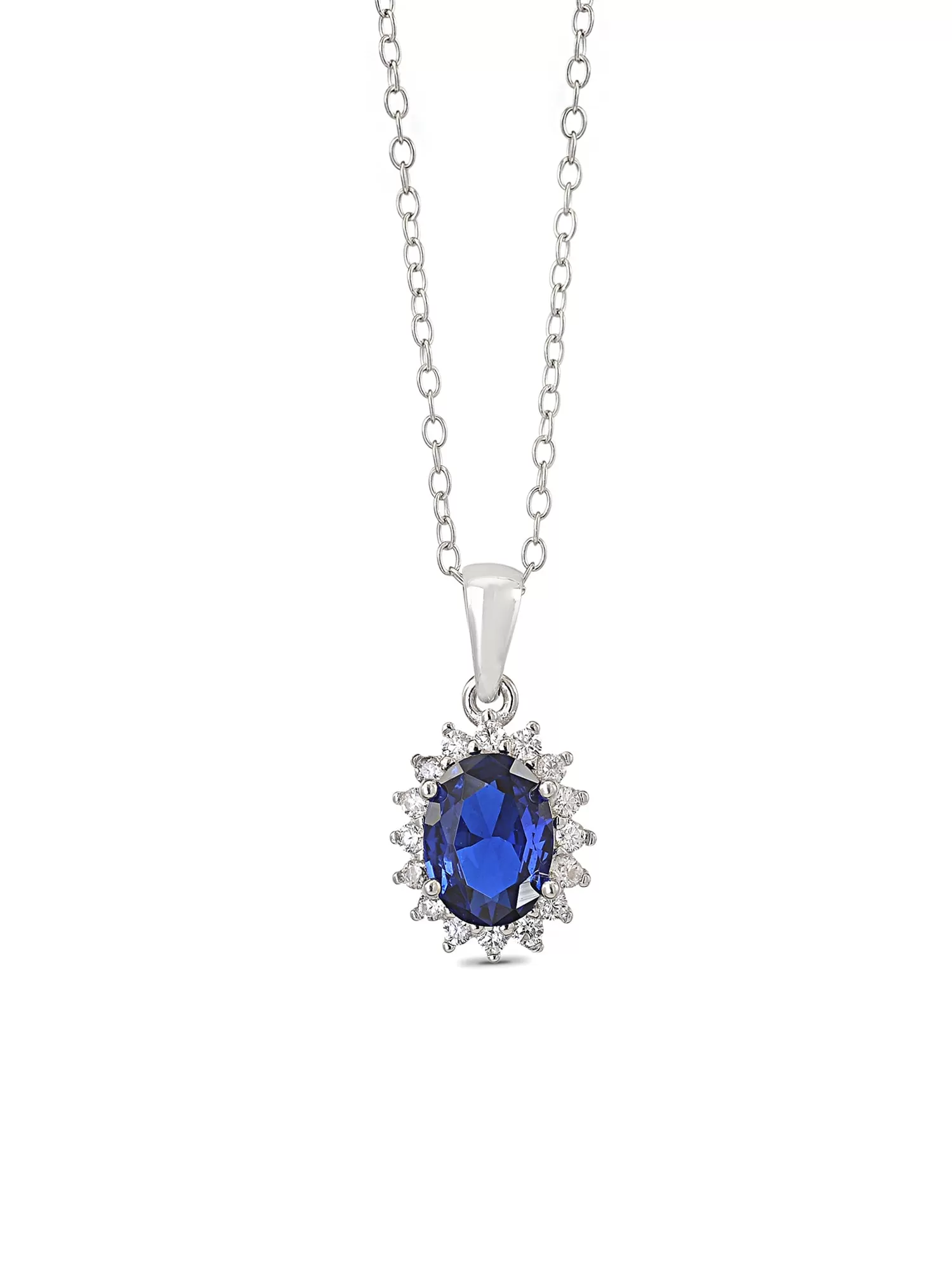 Blue Sapphire And American Diamond Halo Solitaire Necklace Made Silver