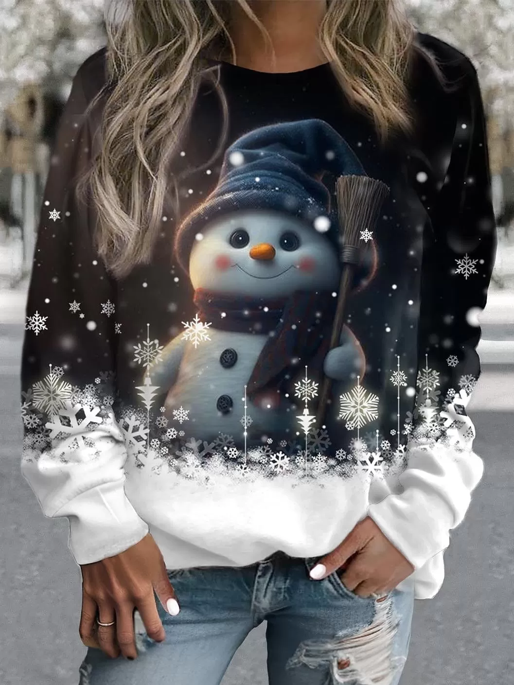 Christmas Snowman and Snowflake Print Women's Velvet Sweatshirt