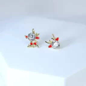 Crystal Gold And Red Reindeer Christmas earrings, Christmas Stud Earrings Statement Christmas earrings.