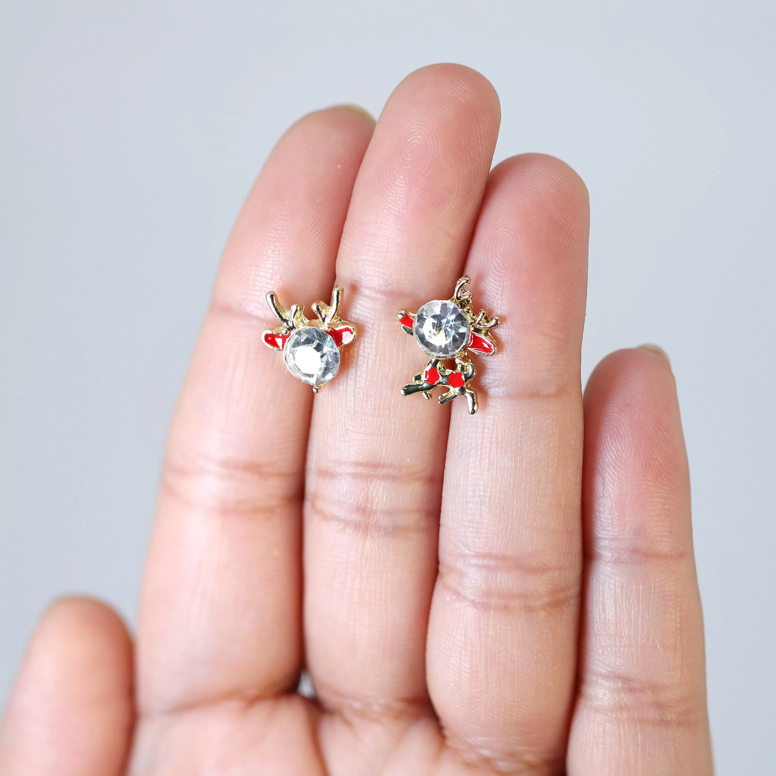 Crystal Gold And Red Reindeer Christmas earrings, Christmas Stud Earrings Statement Christmas earrings.