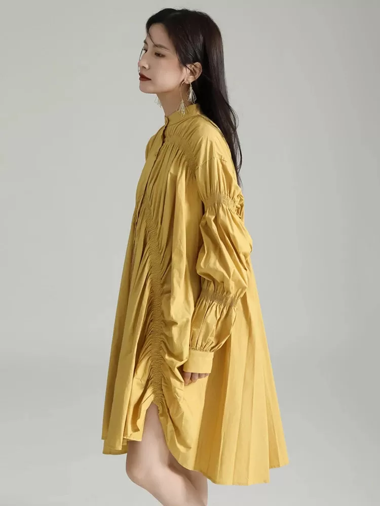 Hotaru Long Sleeve Pleated Shirt Dress - Yellow