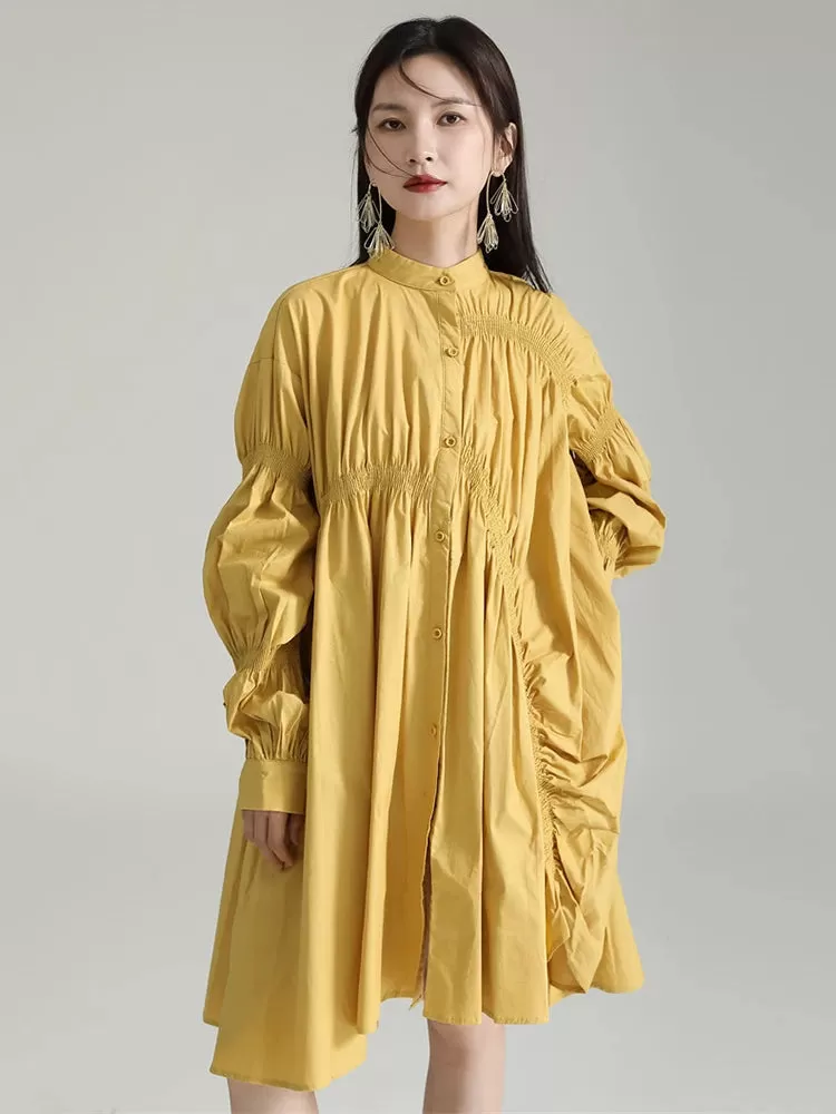 Hotaru Long Sleeve Pleated Shirt Dress - Yellow