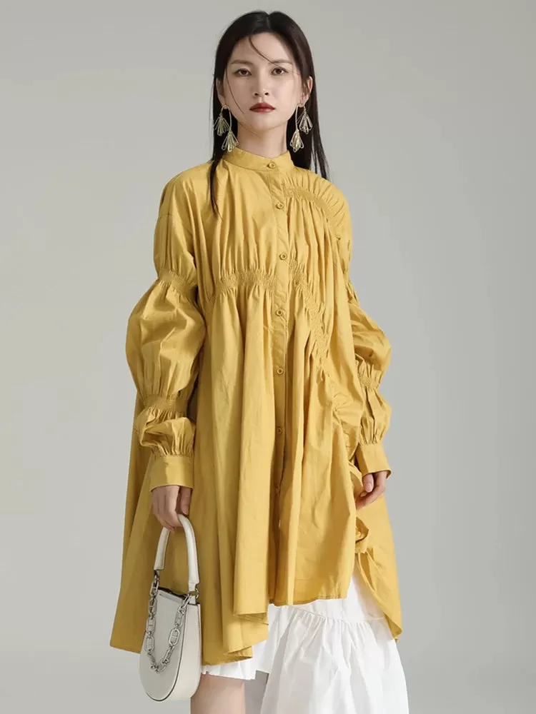 Hotaru Long Sleeve Pleated Shirt Dress - Yellow