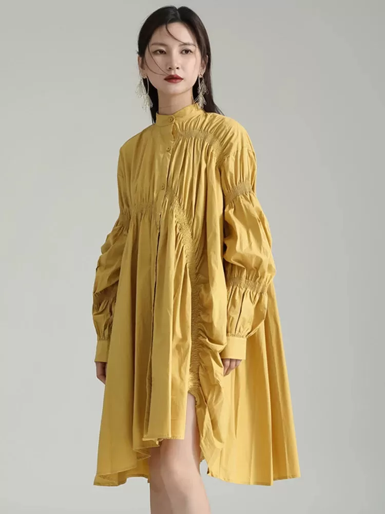 Hotaru Long Sleeve Pleated Shirt Dress - Yellow