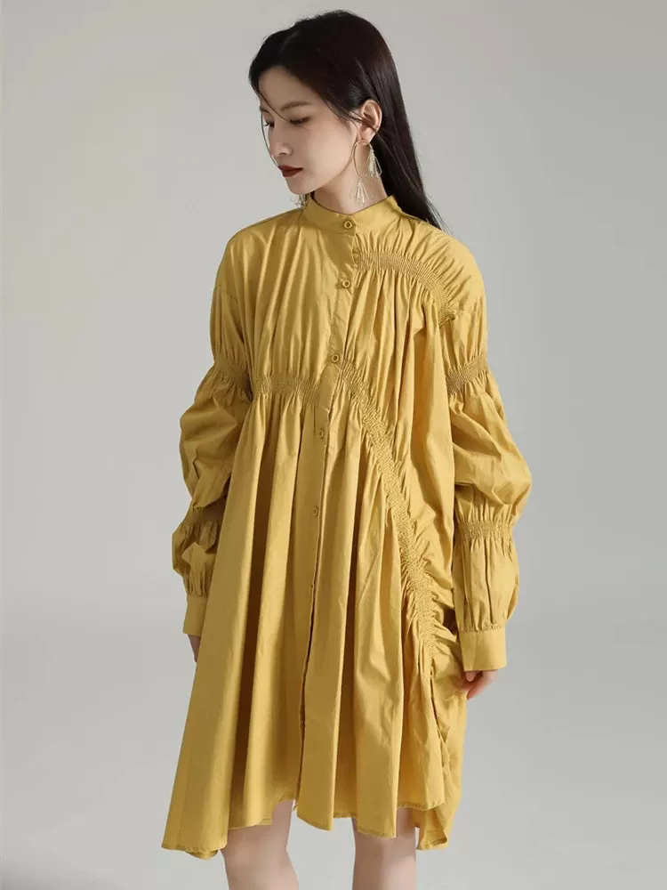 Hotaru Long Sleeve Pleated Shirt Dress - Yellow