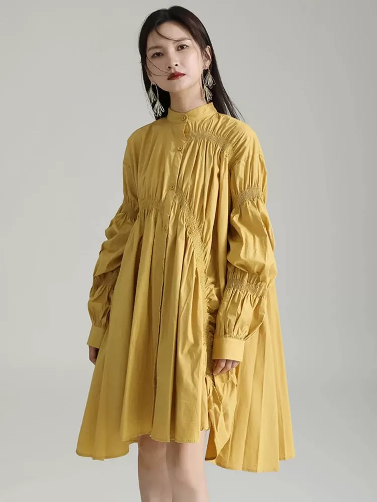 Hotaru Long Sleeve Pleated Shirt Dress - Yellow