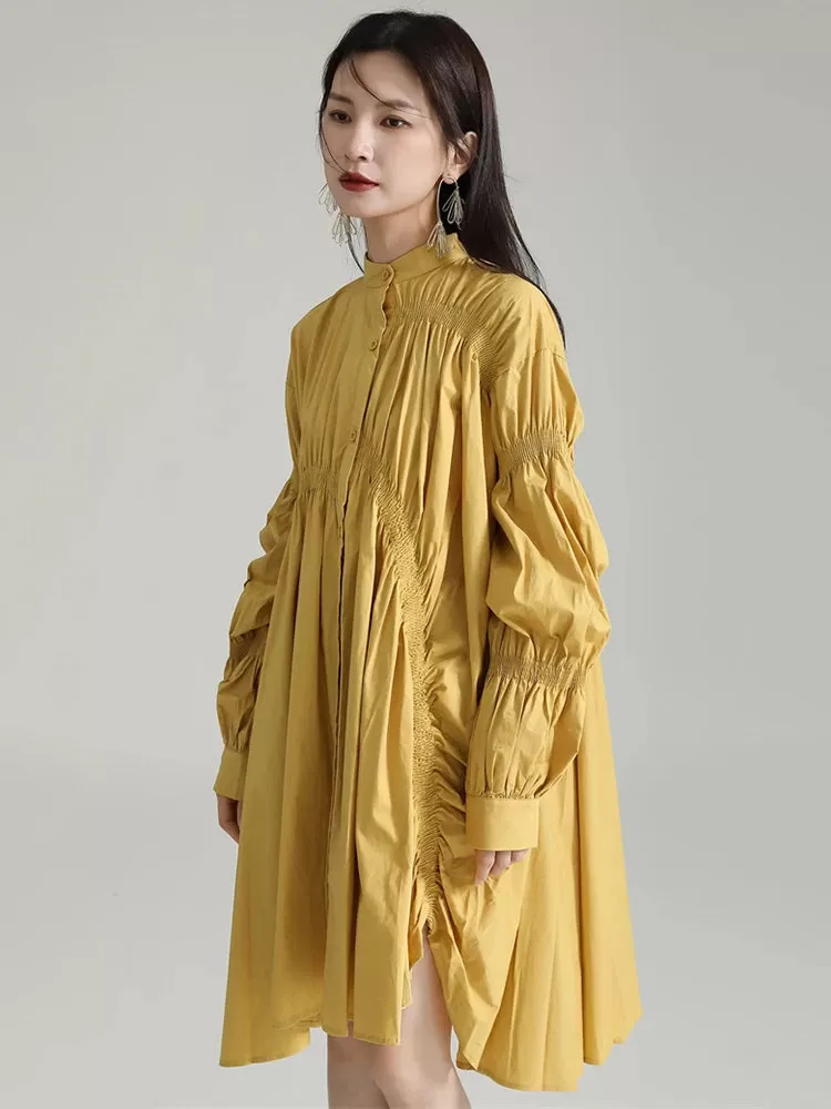 Hotaru Long Sleeve Pleated Shirt Dress - Yellow