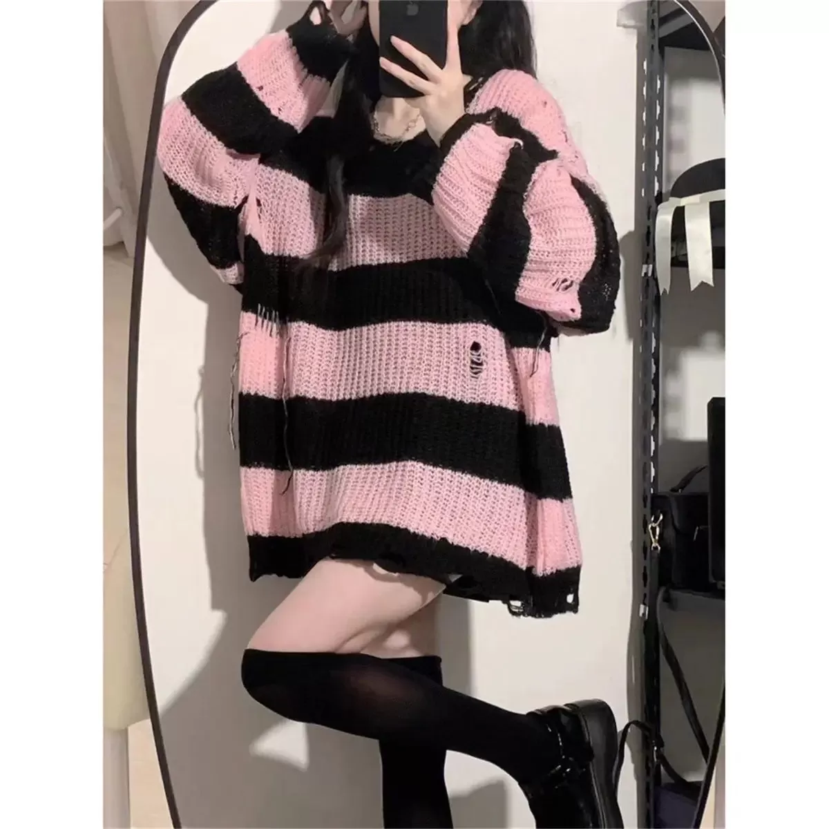 Knitted & Striped Oversized Pullover With Holes