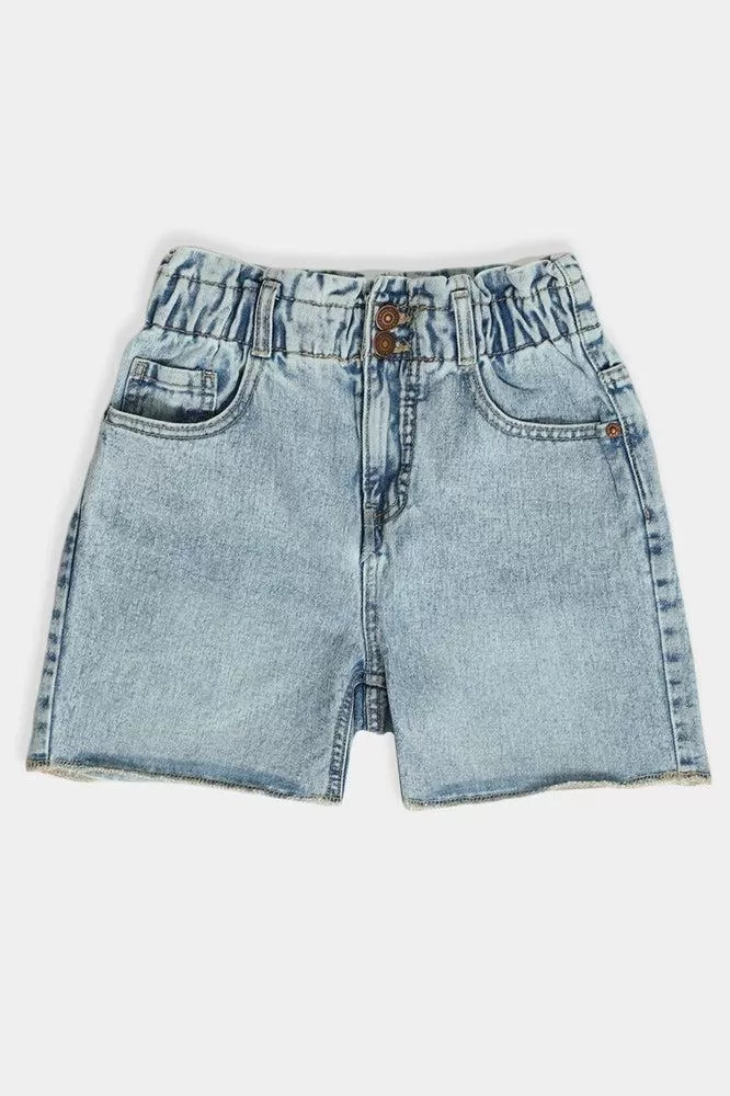 Light Blue Paperbag Waist Denim Girls Shorts