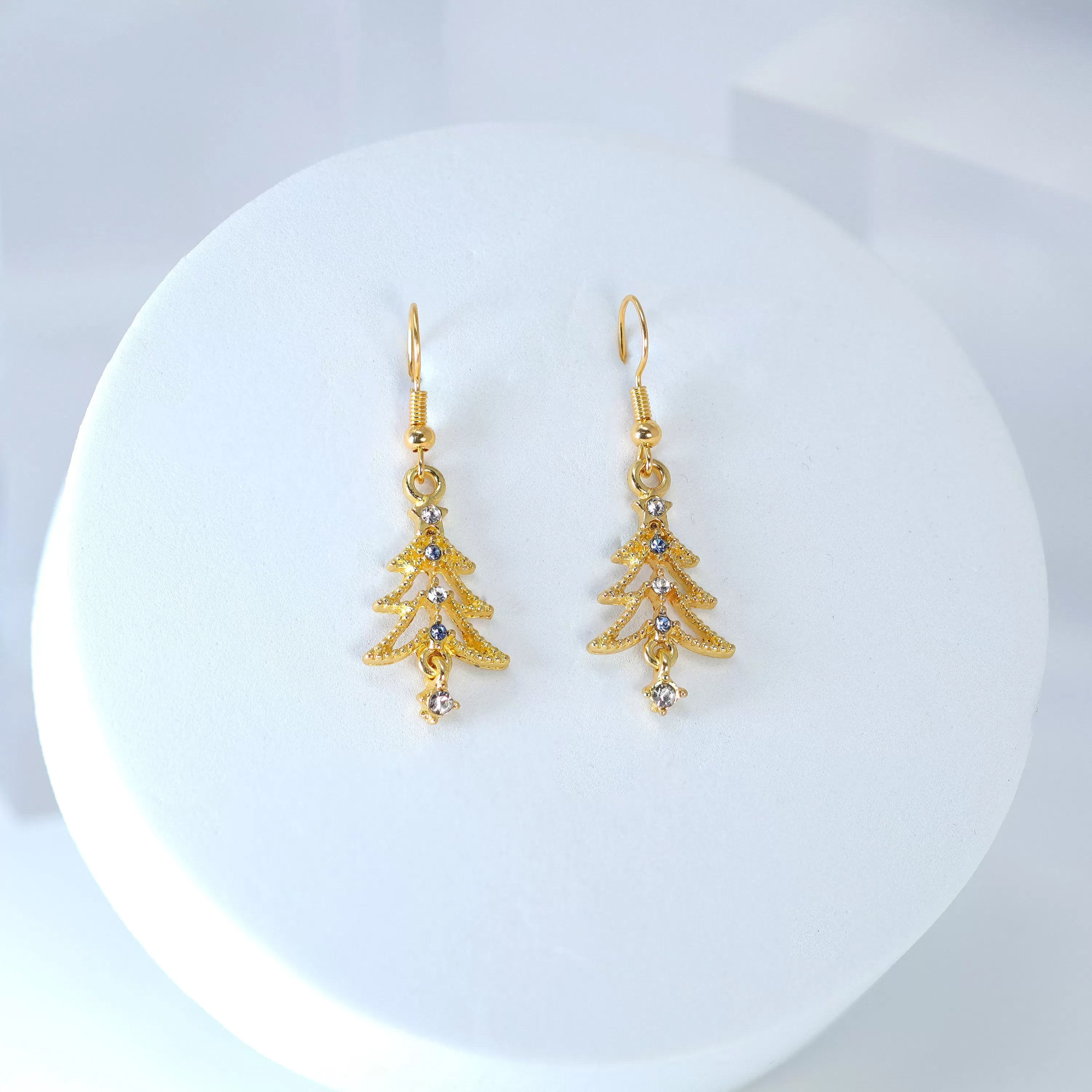 Minimalist Blue Rhinestone Christmas Tree Ornaments Dangle Earrings, Crystal Tree Earring, Statement Christmas Earring.