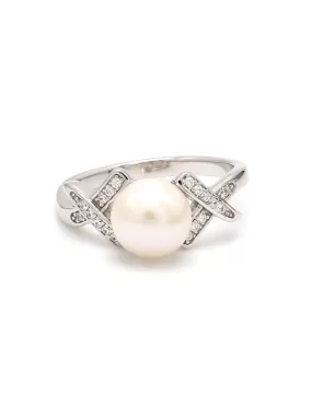 Natural Freshwater Pearl And Diamond Love X Ring In 925 Silver