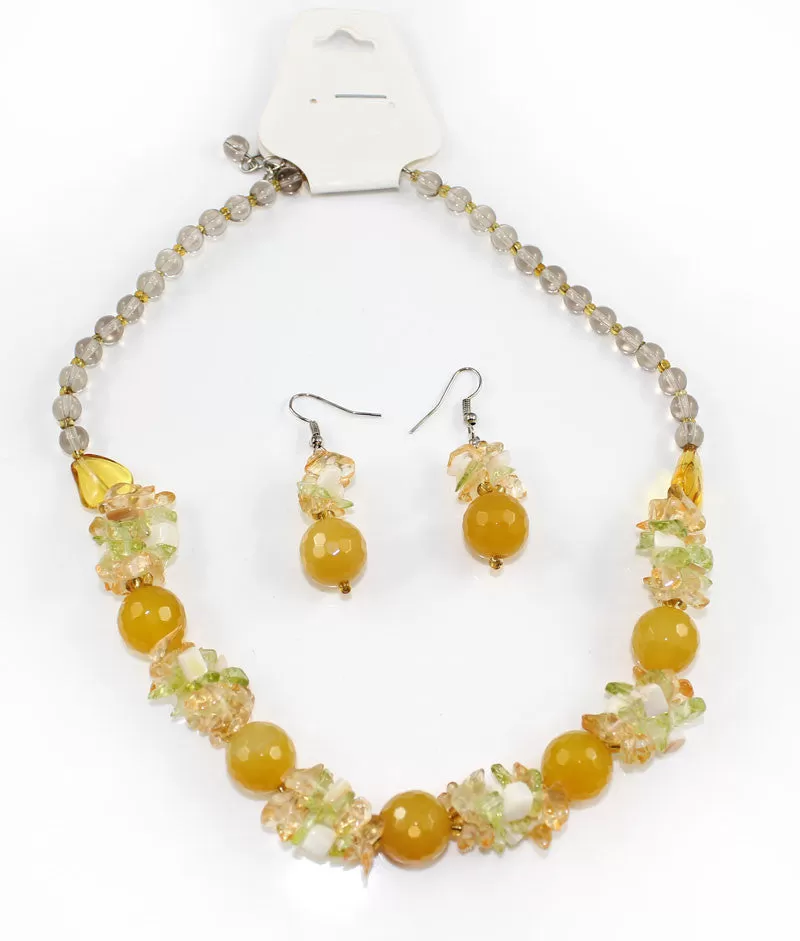 Natural Stone & Glass & Beads Multi Color Necklace and Earrings Set - Yellow