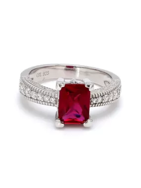 Red Ruby And American Diamond Engagement Ring In 925 Silver