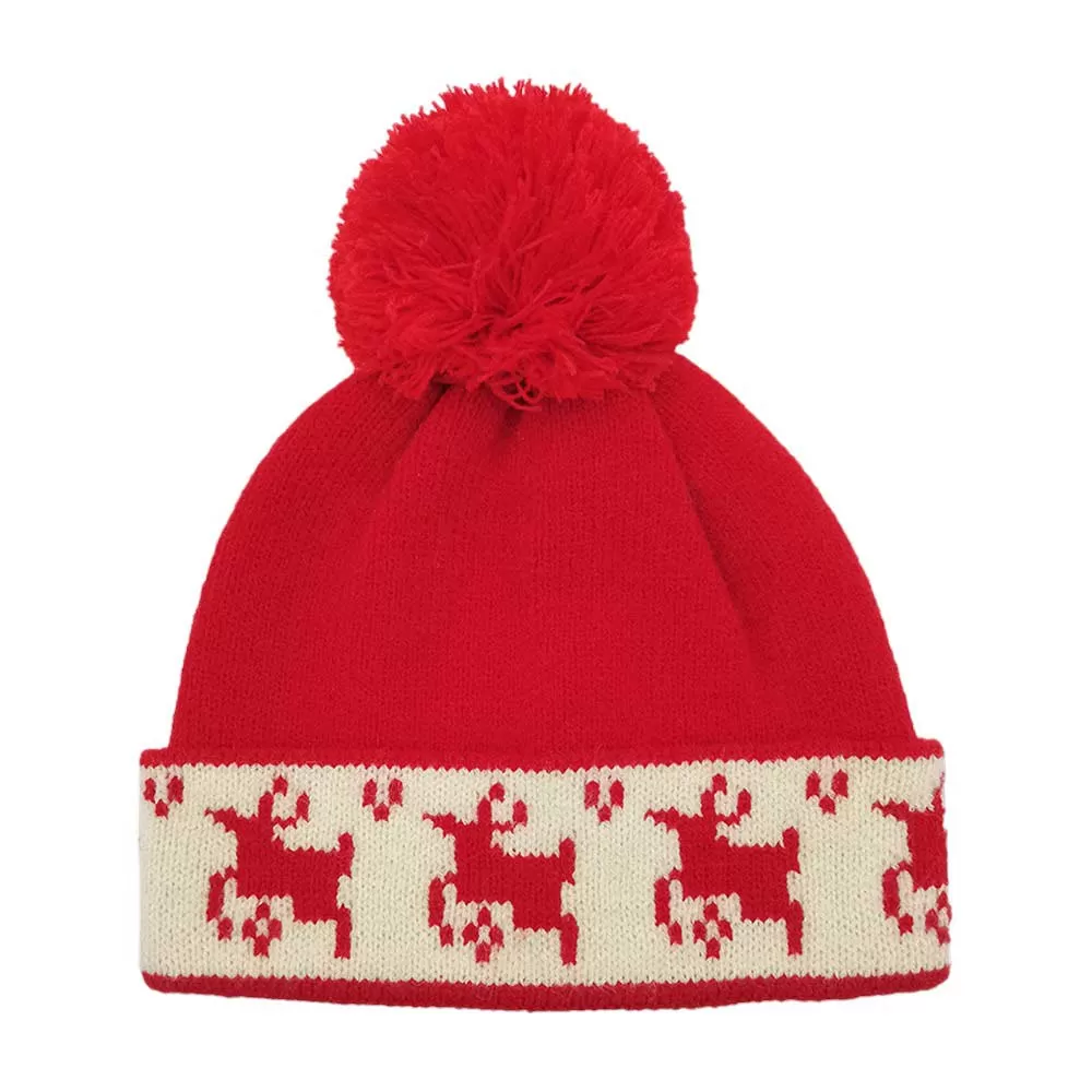 Reindeer Holiday Pom Pom Beanie Hat