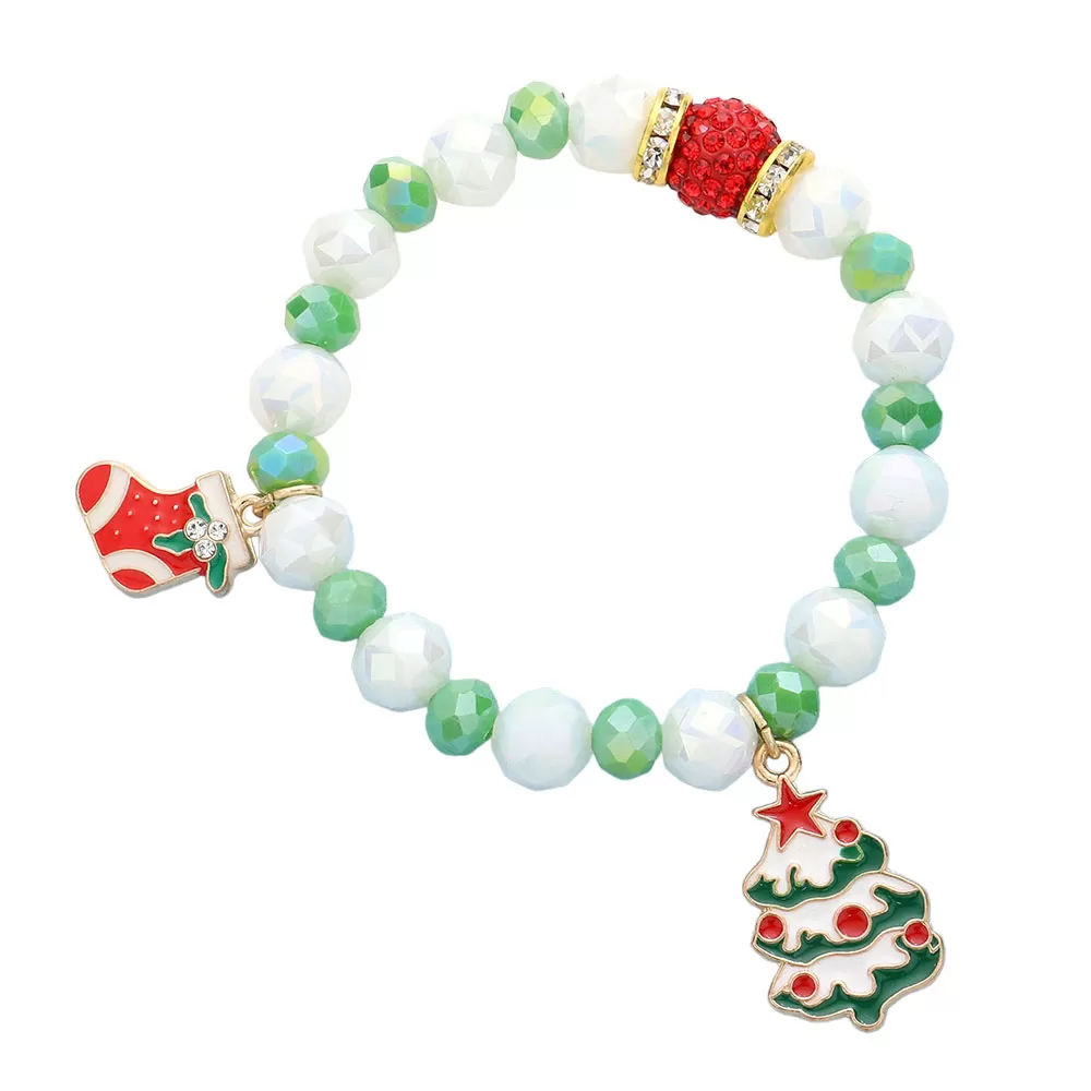 Rudolph Christmas Tree Charm Faceted Beaded Stretch Bracelet