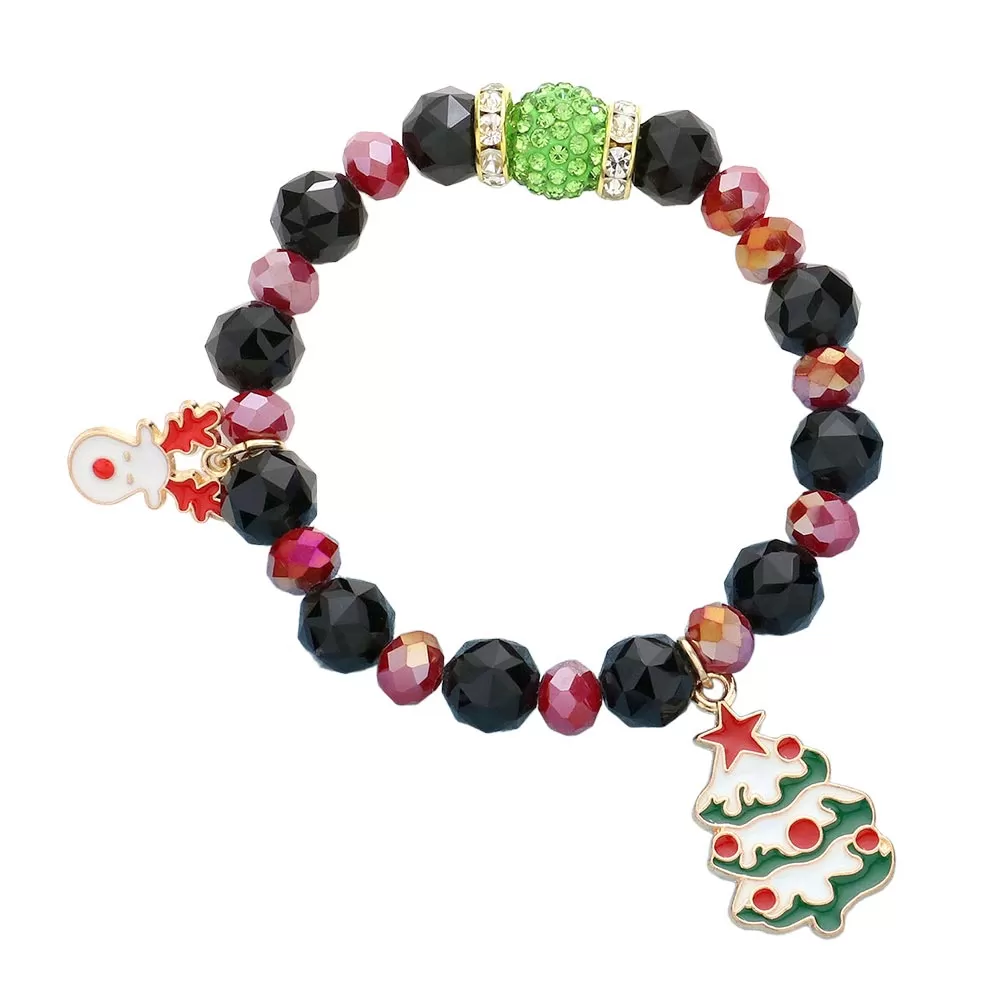 Rudolph Christmas Tree Charm Faceted Beaded Stretch Bracelet