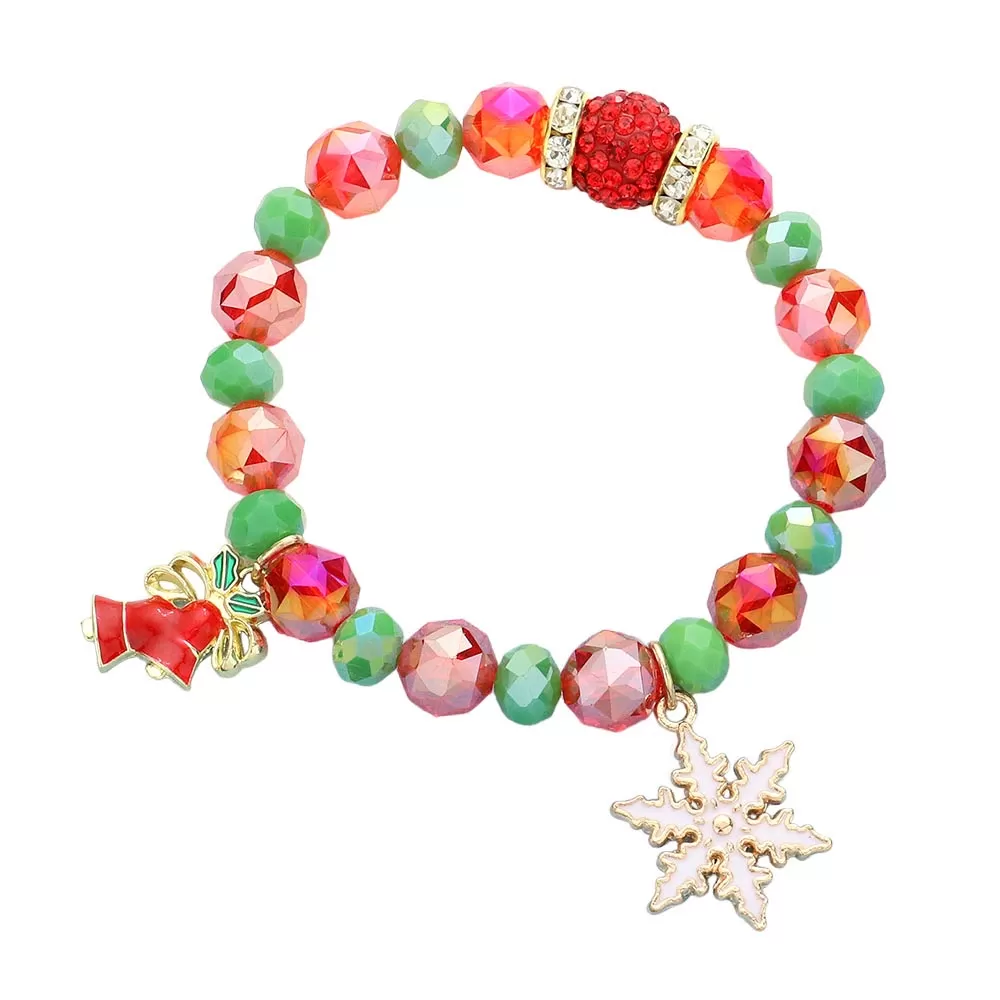 Rudolph Christmas Tree Charm Faceted Beaded Stretch Bracelet