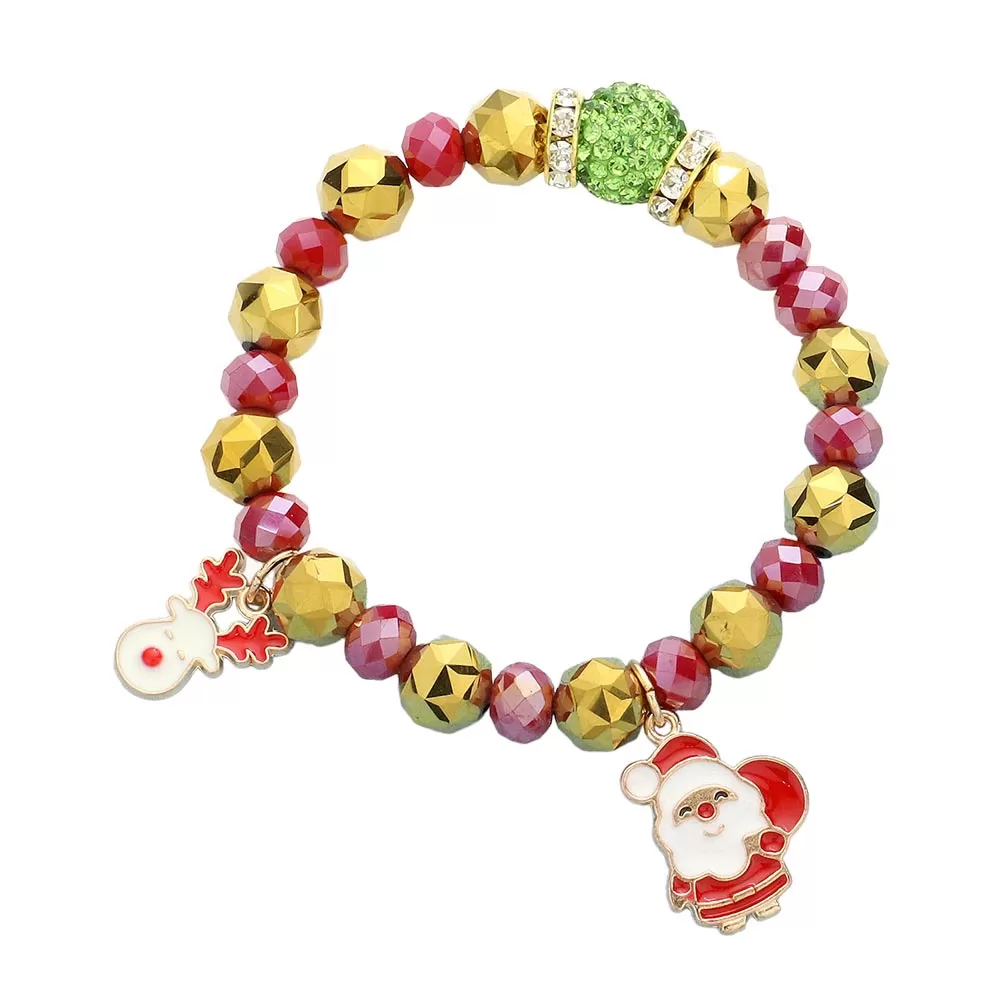 Rudolph Christmas Tree Charm Faceted Beaded Stretch Bracelet