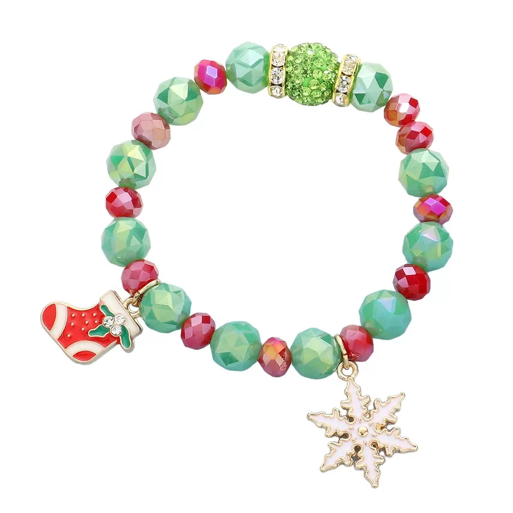 Rudolph Christmas Tree Charm Faceted Beaded Stretch Bracelet