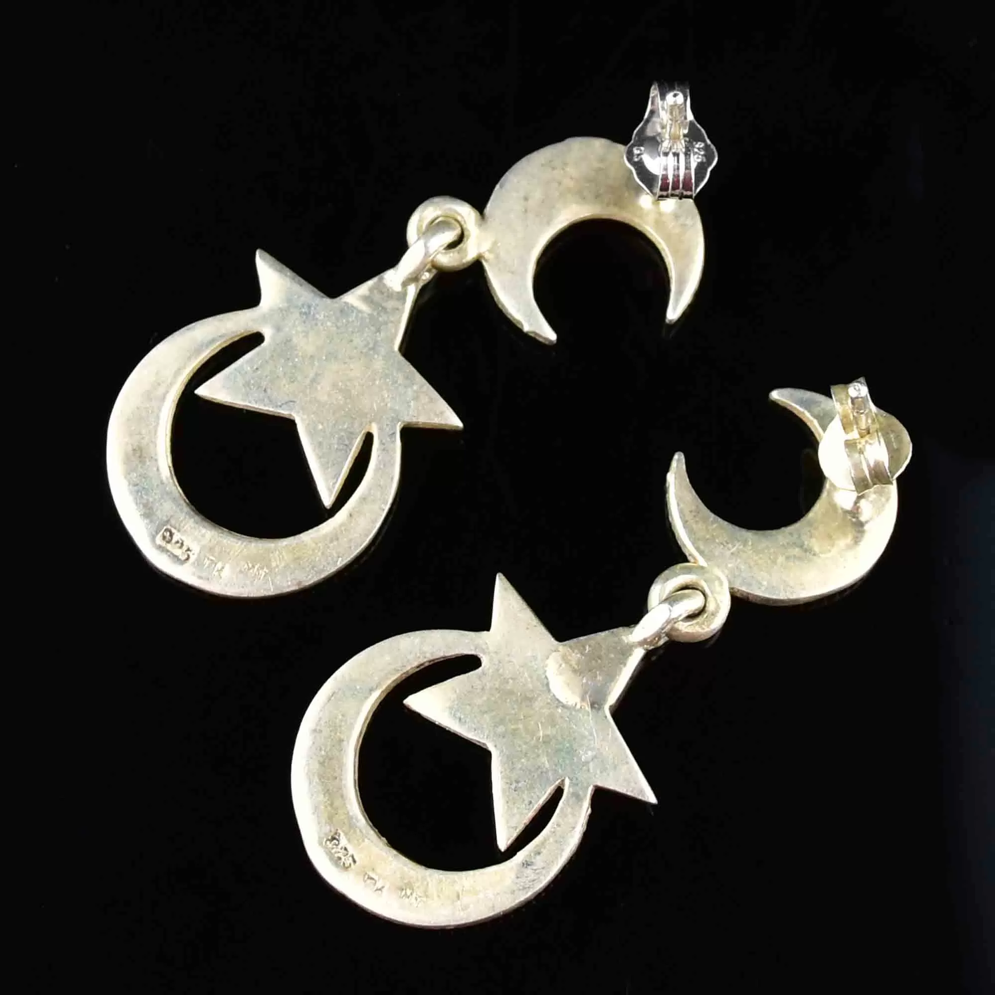 Silver Marcasite Moon Star Dangle Earrings