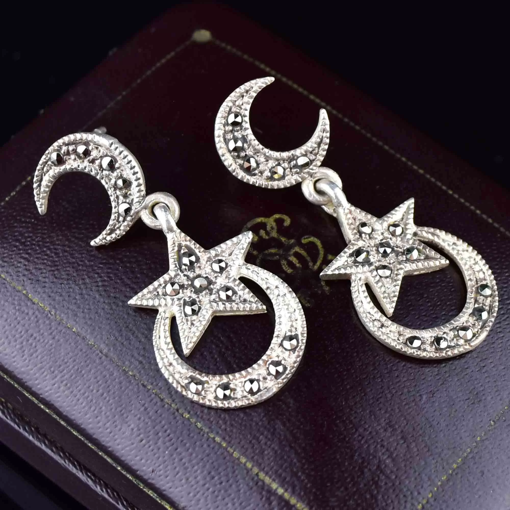 Silver Marcasite Moon Star Dangle Earrings