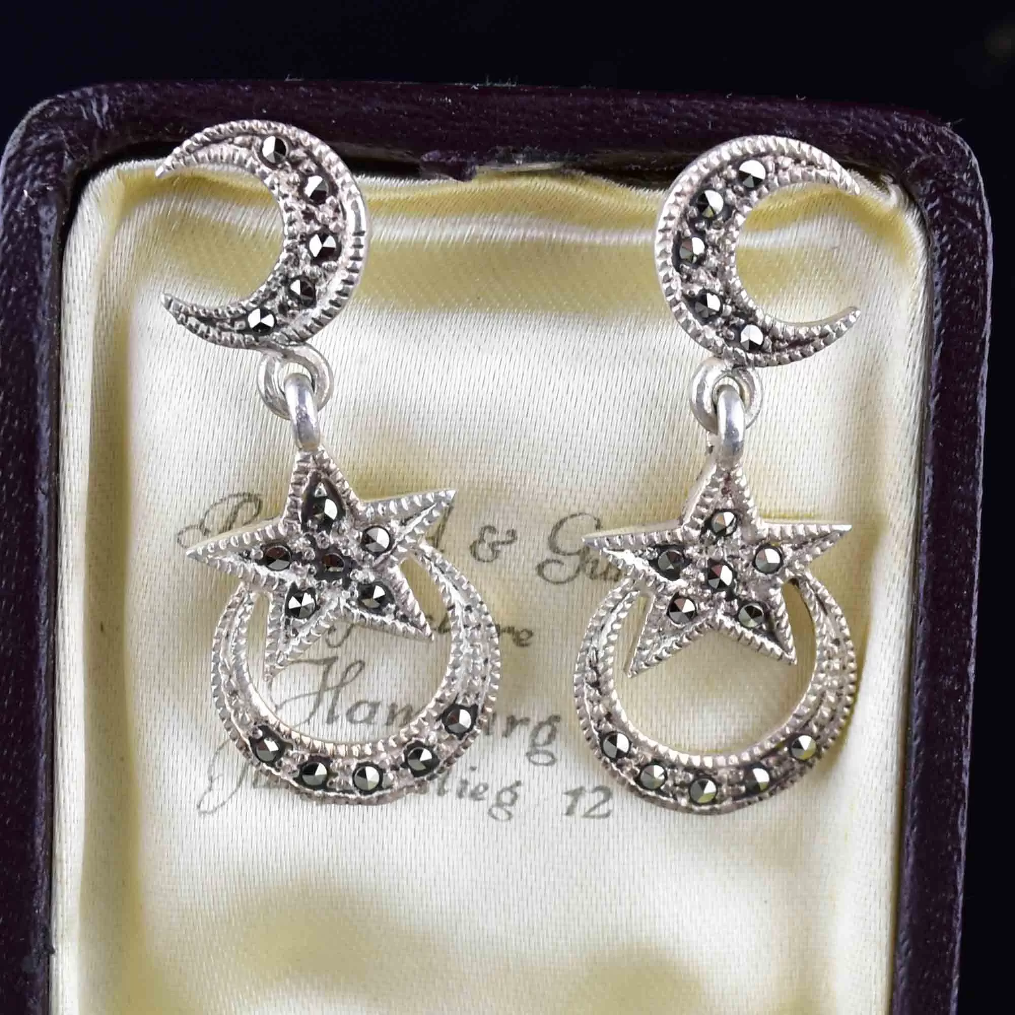 Silver Marcasite Moon Star Dangle Earrings