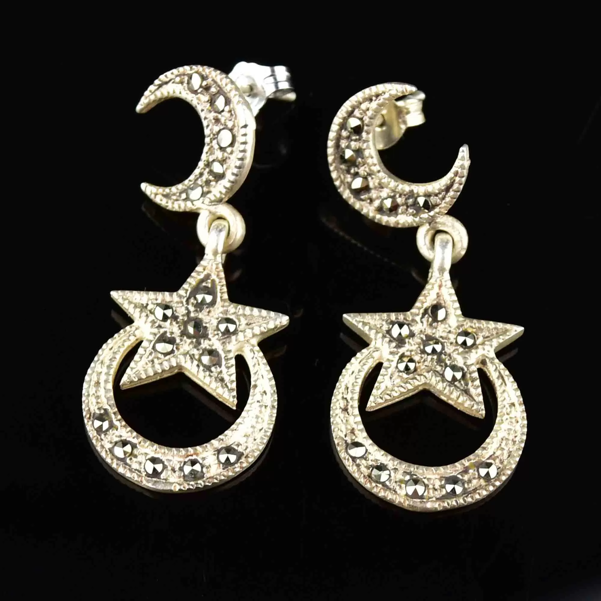 Silver Marcasite Moon Star Dangle Earrings