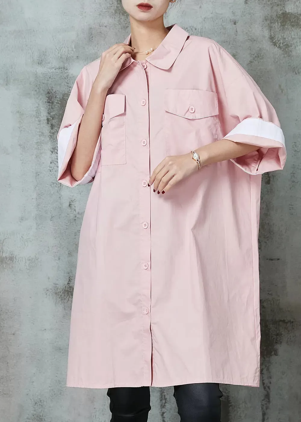 Simple Pink Oversized Cotton Shirt Dress Spring JK1002