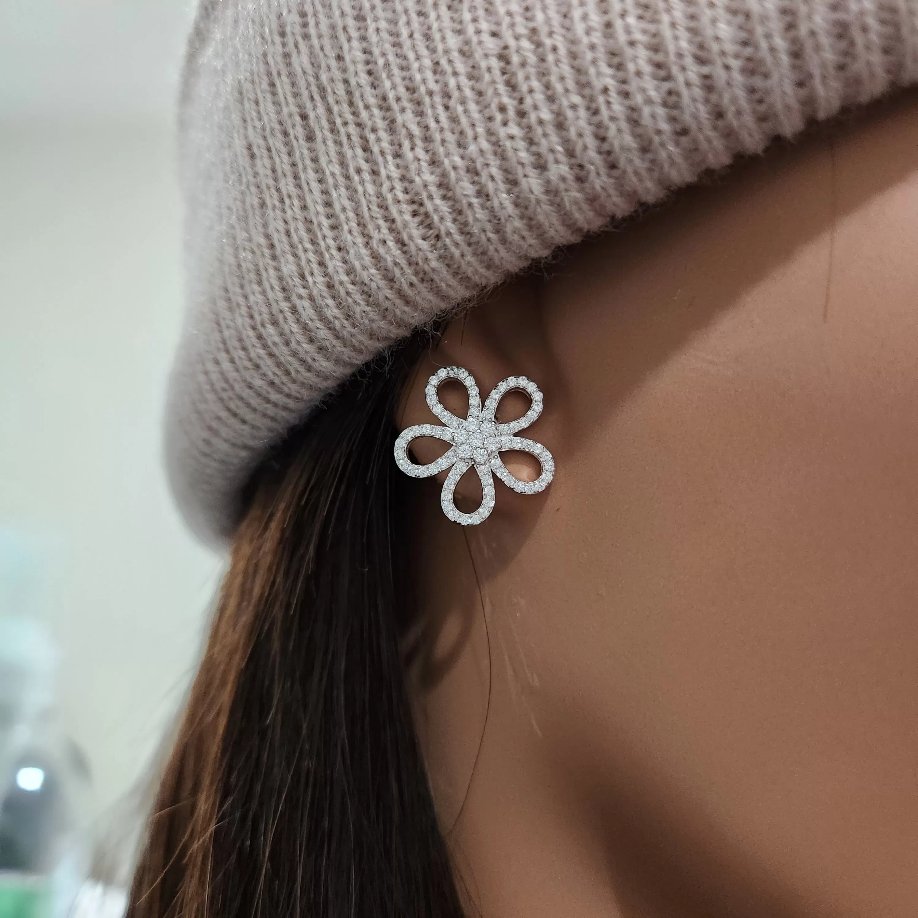 Sterling Silver Micropave CZ Flower Stud Earring