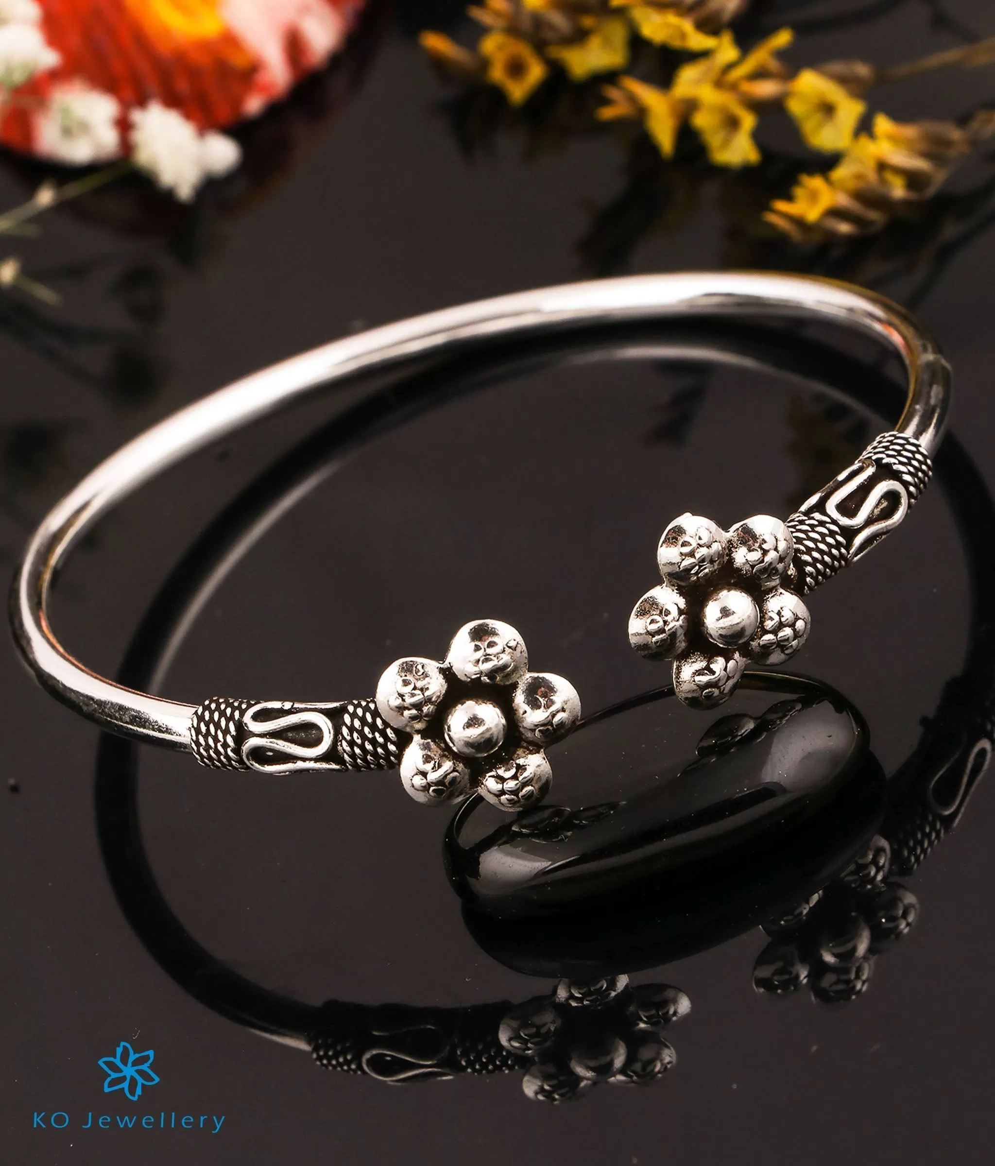 The Dahlia Silver Flexible Floral Open Bracelet