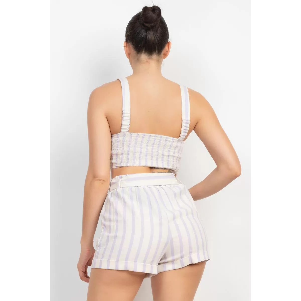 Tie-front Striped Crop Top & Belted Shorts Set