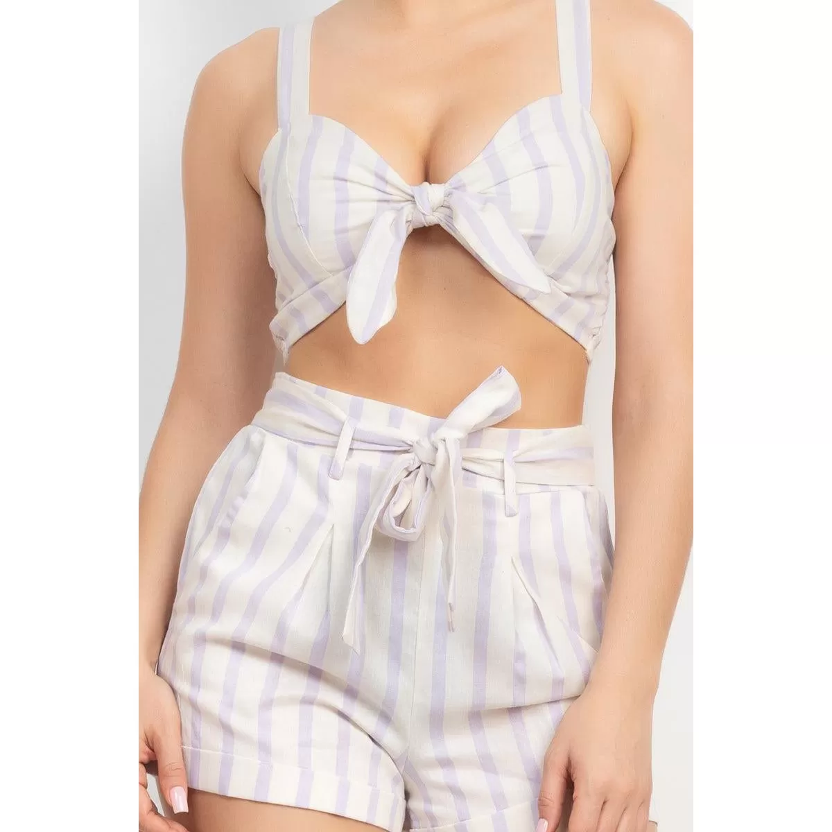 Tie-front Striped Crop Top & Belted Shorts Set